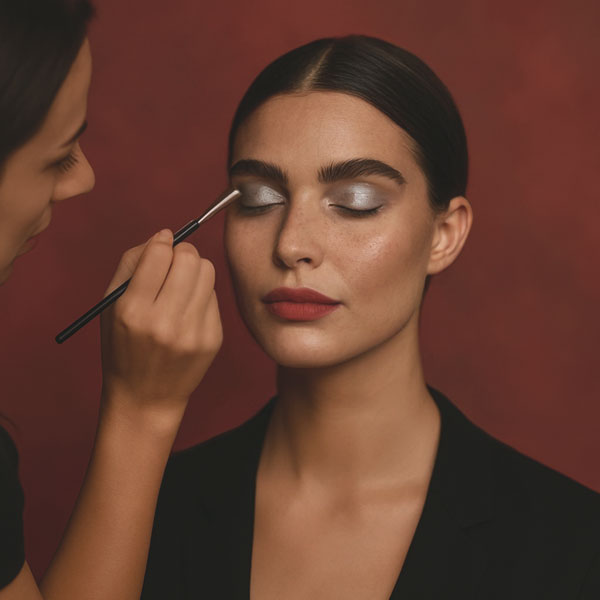 Make-up Masterclass Advanced in Düsseldorf – Model mit silbernem Eyeshadow, Editorial-Look mit rotem Hintergrund.